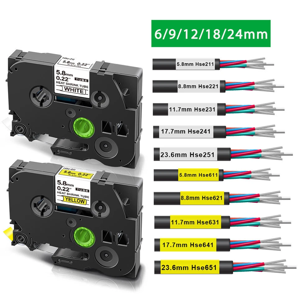 Schrumpfschlauch Kompatibel mit Brother P-Touch HSe-211 221 231 weiß Gelb 2:1