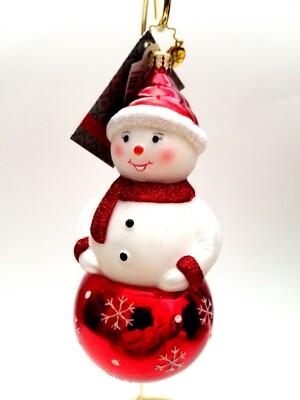 Christopher Radko - Cheery Cherry Chap #1015656 Snowman On Red Snowflake Ball