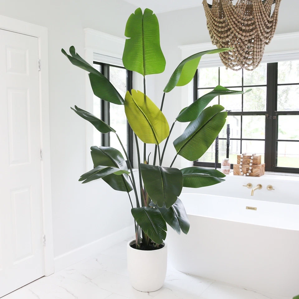 Árbol artificial pájaro del paraíso de 7' con maceta de piedra de resina. Venta al por menor $594 Foto 4 de 4