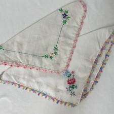 Two Embroidered Handkerchiefs with Crochet Edging Floral Vintage