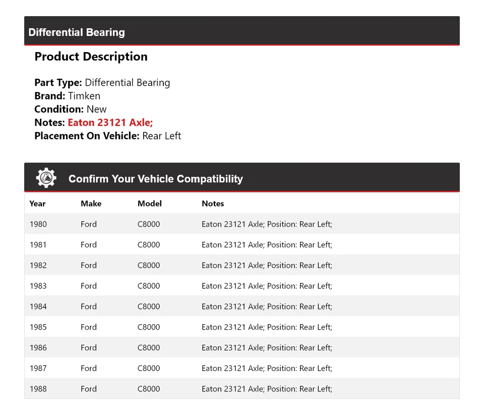 For 1980-1988 Ford C8000 Differential Bearing Rear Left Timken 1981 1982 1983 - Image 2 of 4
