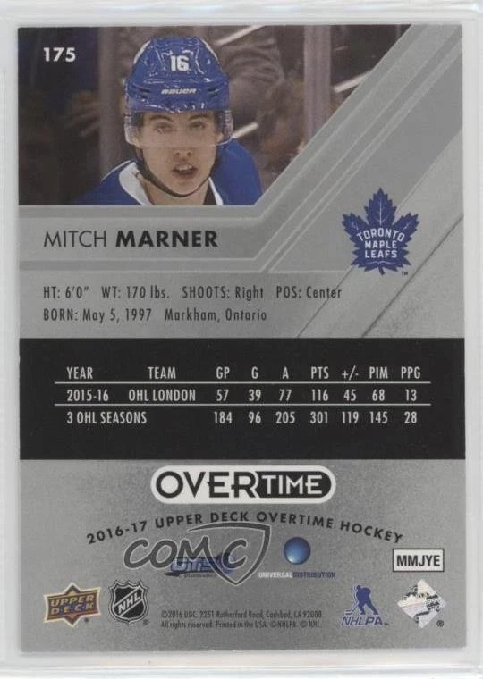 2016 Upper Deck Overtime Rookies Photo Variation SP Mitch Marner #175 Rookie RC - Image 2 of 2