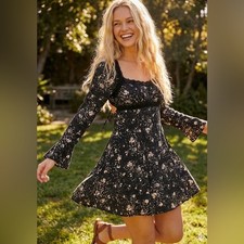 Free People Secret Garden Mini Dress Black Floral Open Back Bell Sleeve Size 4