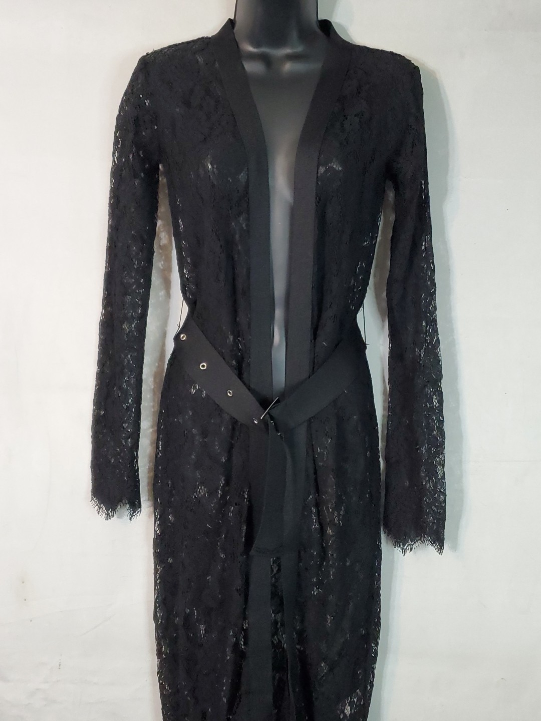 Revamped Womens Black Floral Lace Duster Cardigan Sheer Long Sleeve Boho Goth Xs