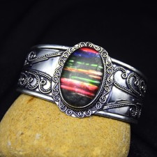 Ammolite Gemstone Adjustable Cuff Bracelet 925 Sterling Silver Jewelry Size-8"