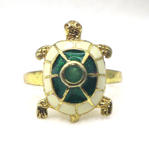 Authentic Turtle Ring Gold Plated 925 Silver Natural Emerald Gemstone & Enamel Size 7.75