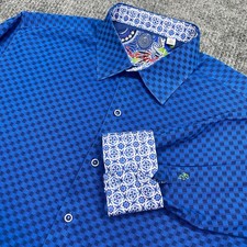 Robert Graham Blue Check Striped Button Up Shirt Mens XL Long Sleeve Flip Cuff