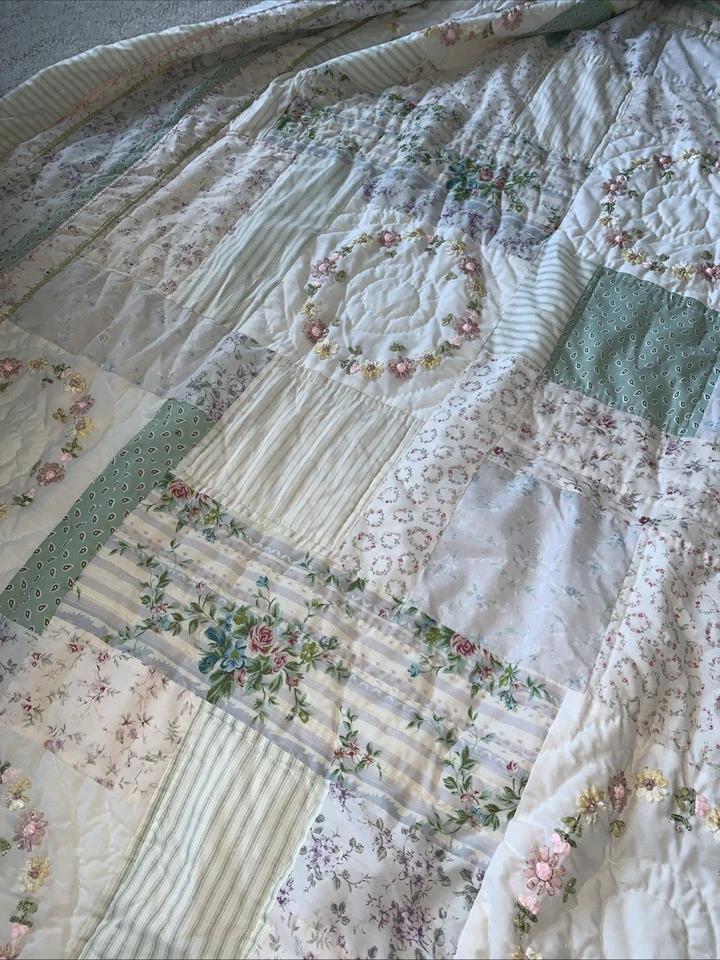 West Elm Bedspread Cottage Core Shabby Quilt Embroidery Pastel 84 x 84" Full Bed - Image 4 of 4