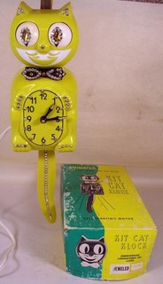 Vintage Yellow Jeweled Animated Kit Cat Clock W Moving Eyes & Tail Plus Box Lid