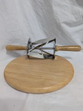 #249 Vtg Croissant Cutter Stainless Wood Rolling Cuts Triangle Dough Pastry