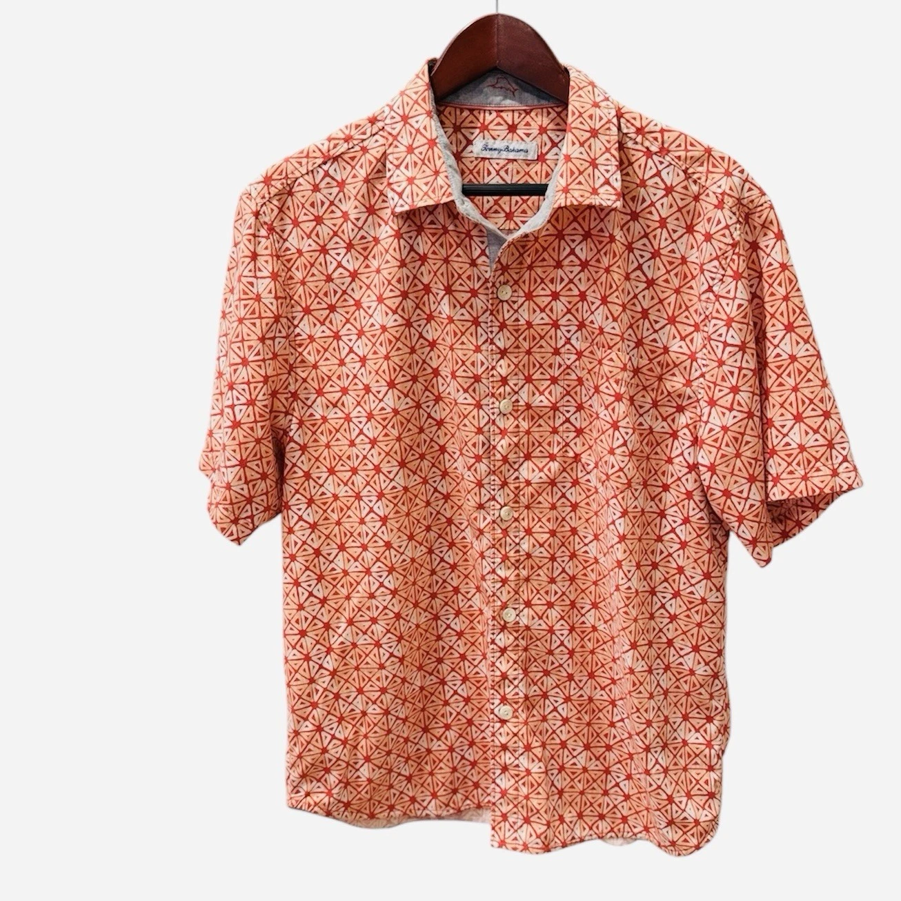 Tommy Bahama Silk Button Down Shirt Hawaiian Geometric Red Orange White L Tropic