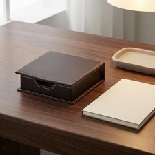 Desk Organizer Storage Box Faux Leather with Lid White Stitching for Office