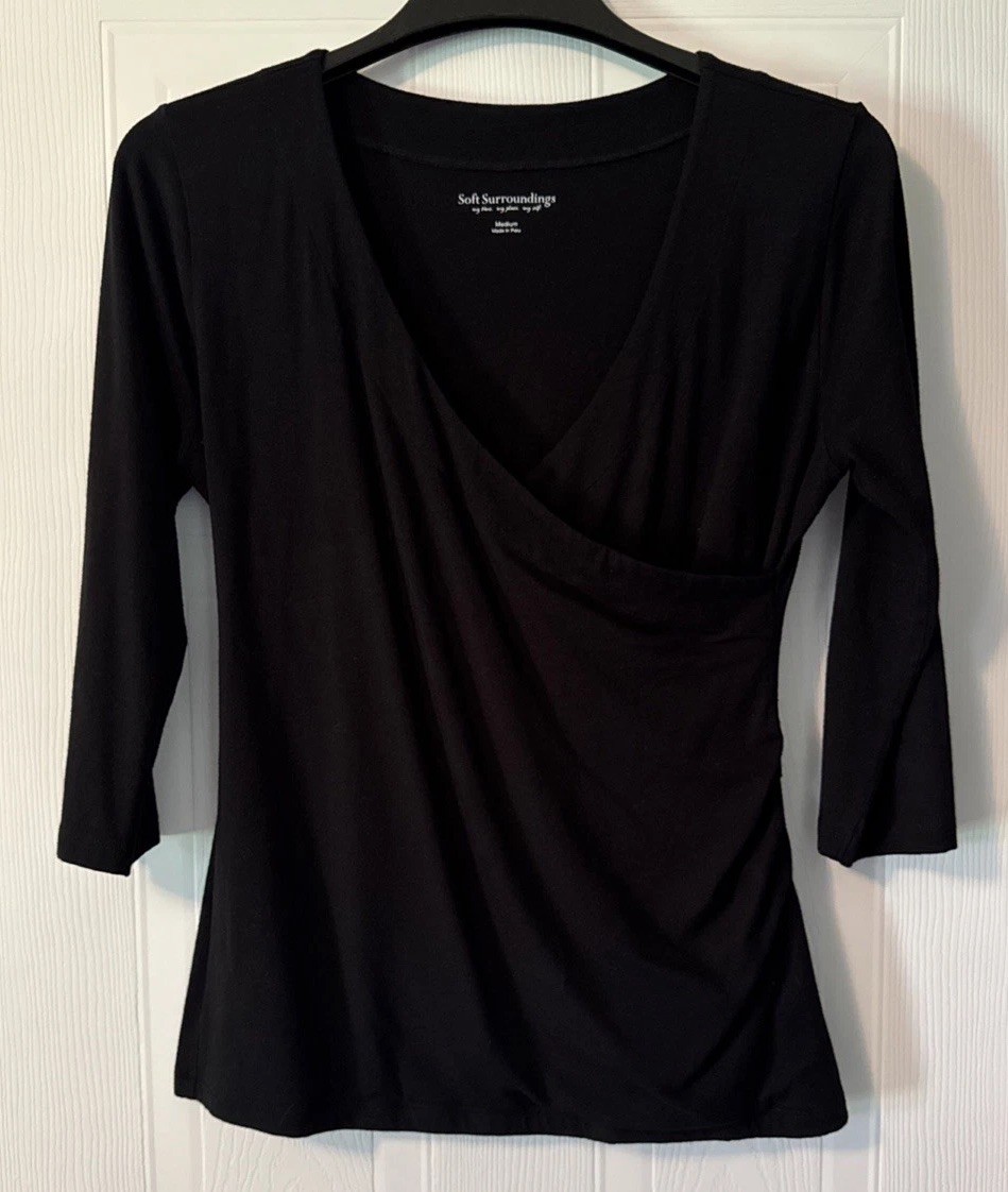 Soft Surroundings Women's Black Faux Wrap Style V-Neckline Top 3/4 Sleeve  Sz M