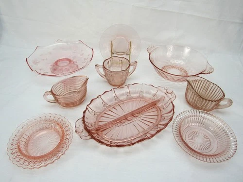 Vtg Mixed Lot of 9 Pink Glass depression dishes bowls pitchers