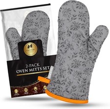 Heat Resistant Oven Mitts 2Pc Silicone Grip Cotton Lined Kitchen Gloves Gray
