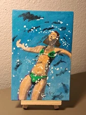 Blue Green acrylic & ink "Floated Away" on 4x4 Mini canvas 1/1 Limited Signed
