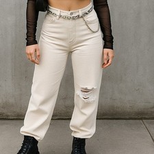 New 1 Fashion Nova Beige Patch Jeans Straight Mom Destructed Denim Retro