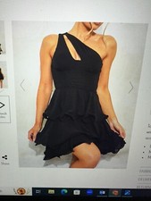 BN Ladies PLT Black One Shoulder Cut out Tiered Skater Dress sz 16 RRP £38