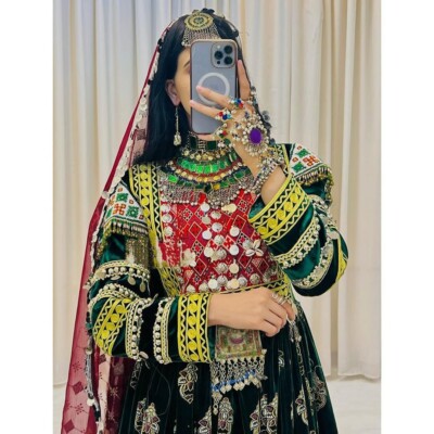 Afghan long green kochi nikkah dress for women.Afghan party and wedding  dress | eBay