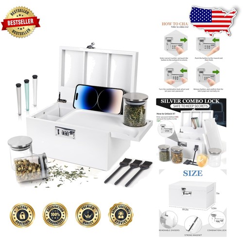 Elegant White Bamboo Storage Box with Combination Lock & Detachable Compartment