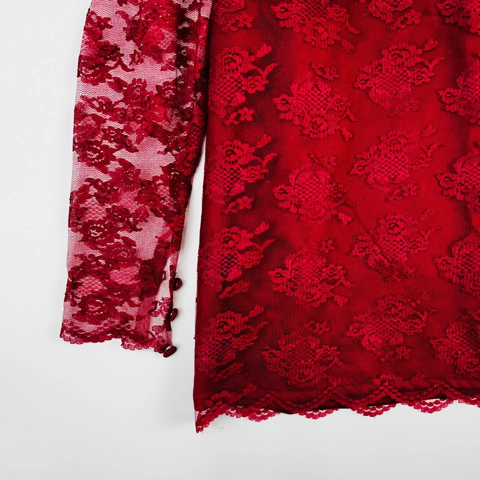 Top de encaje de manga larga para mujer talla M rojo victoriano transparente secretaria coqueta Lolita Foto 2 de 4