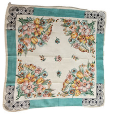 Vtg Womens Floral Cotton Hanky Hankie 12" Handkerchief Turquoise/blue/pink