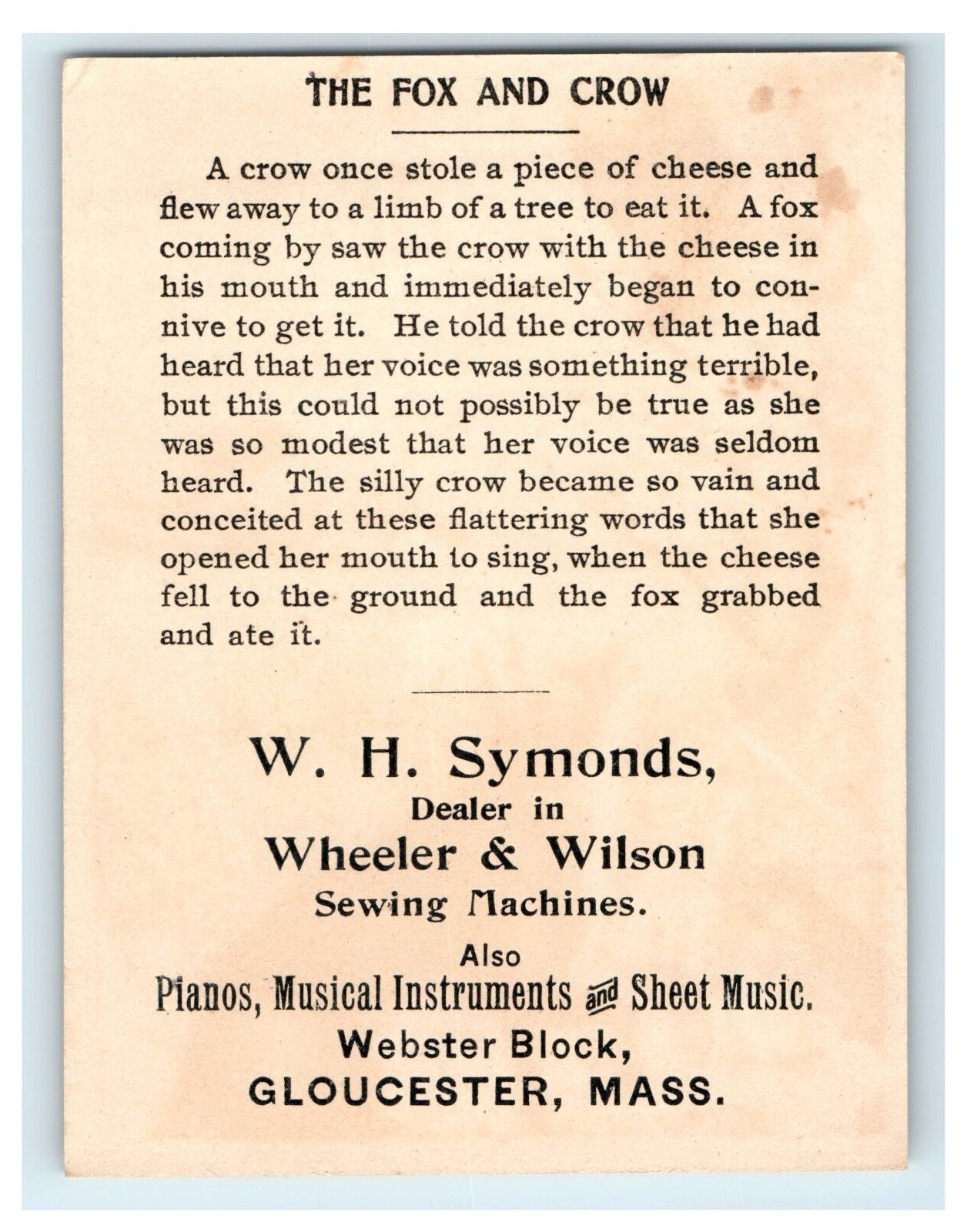 Wheeler & Wilson Sewing Machines The Fox and Crow WH Symonds Gloucester MA