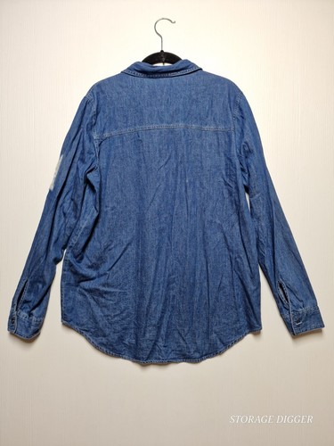 New Look Denim Shirt Women's Large Blue 100% Cotton Pockets Distressed Button-Up - Picture 6 of 16