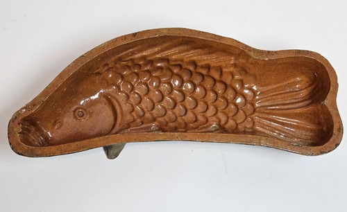 Antique Primitive Folk Art Redware Stoneware FISH MOLD Glazed Pottery Tri-Legged - Picture 2 of 12