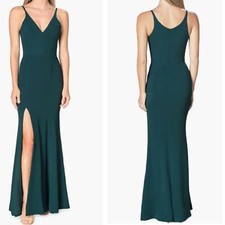 NWOT Dress the population IRIS slit crepe maxi gown v neck size M green
