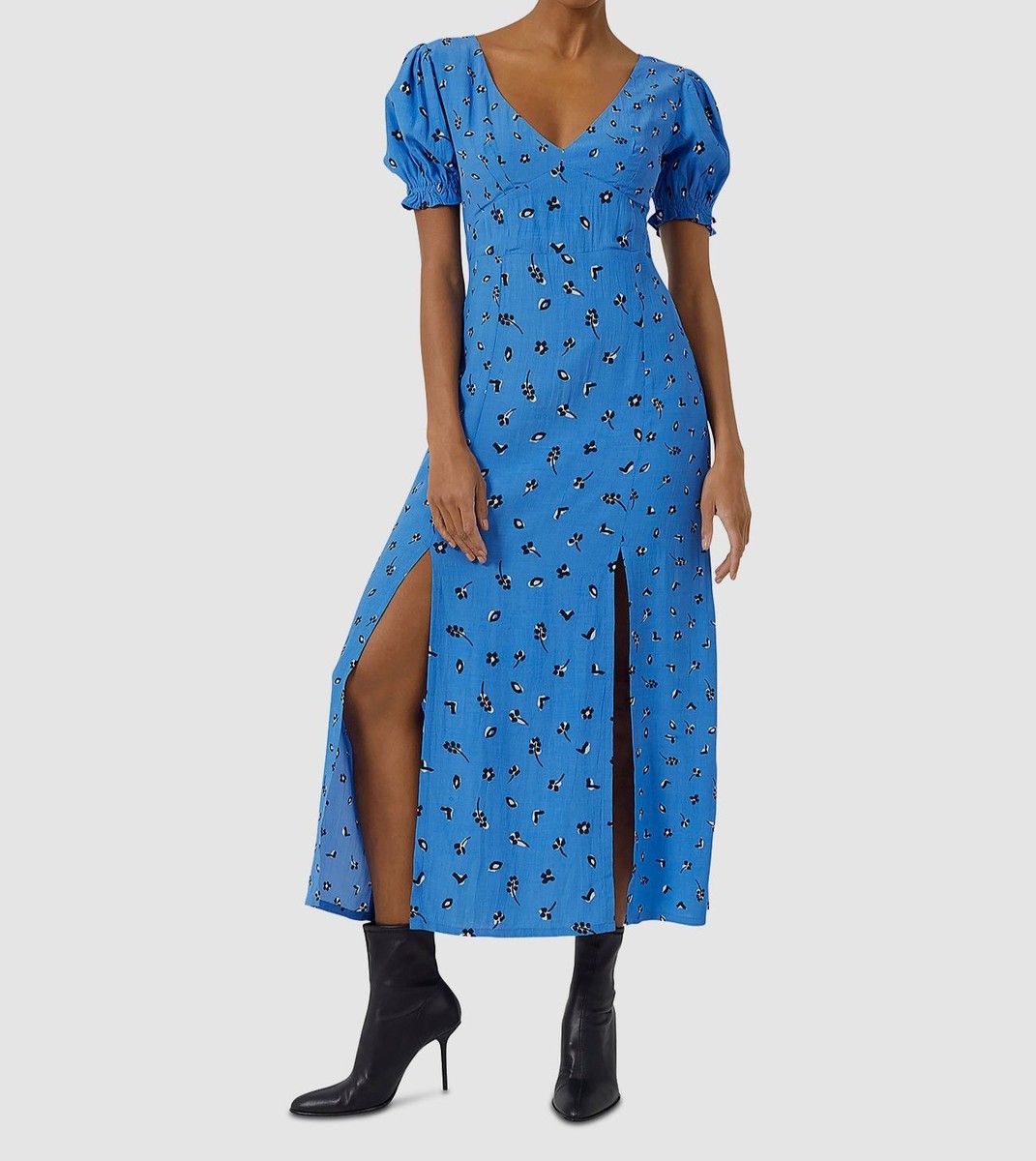 $130 French Connection Women's Blue V-Neck Puff-Sleeve Maxi Dress Size US 4