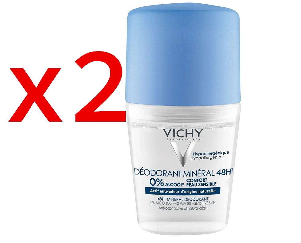 x2 Vichy Anti-Perspirant Deodorant Roll-On NO parabens, alcohol
