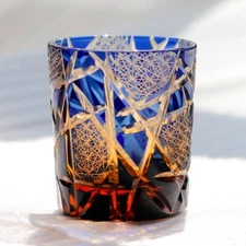 Whiskey Glass Tumbler Japanese Style Edo Kiriko Glass Hand Cut To Clear 9oz Blue