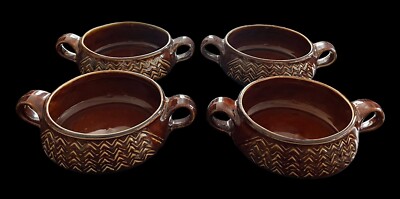 Set Of 4 Vintage Hall Pottery Cream Soup Bowls Eagle Nest Brown 1793 Excellent