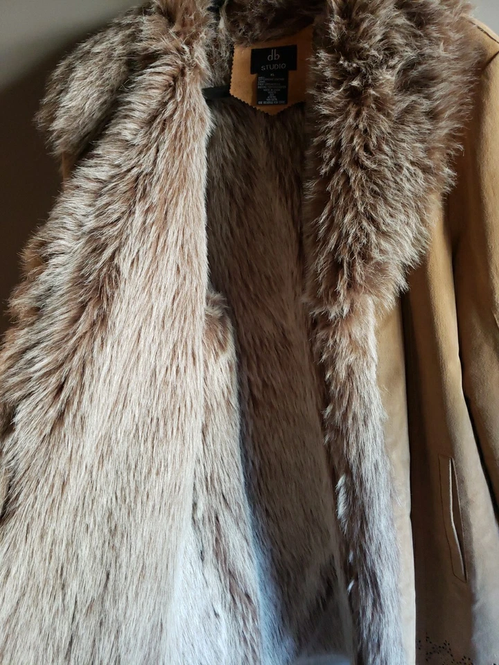 Vintage DB Studio Vintage Leather Jacket Womens XL Faux Fur Camel Knee Length - Image 4 of 4