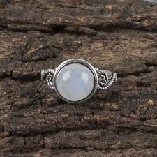 Round Natural Rainbow Moonstone Sterling Silver Promise Band Wife Bezel Set Ring