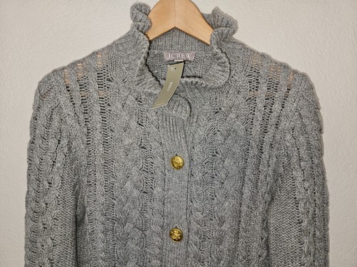 NUEVO CON ETIQUETAS J.Crew Cable Tejido Cuello Volantes Cárdigan Suéter Talla Mediana Brezo Gris Ceniza - Imagen 6 de 12