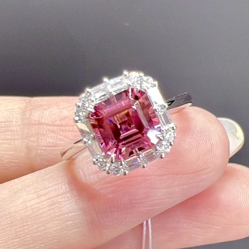 Anillo de compromiso vintage de plata 925 chapado en oro blanco turmalina rosa corte Asscher Foto 2 de 4