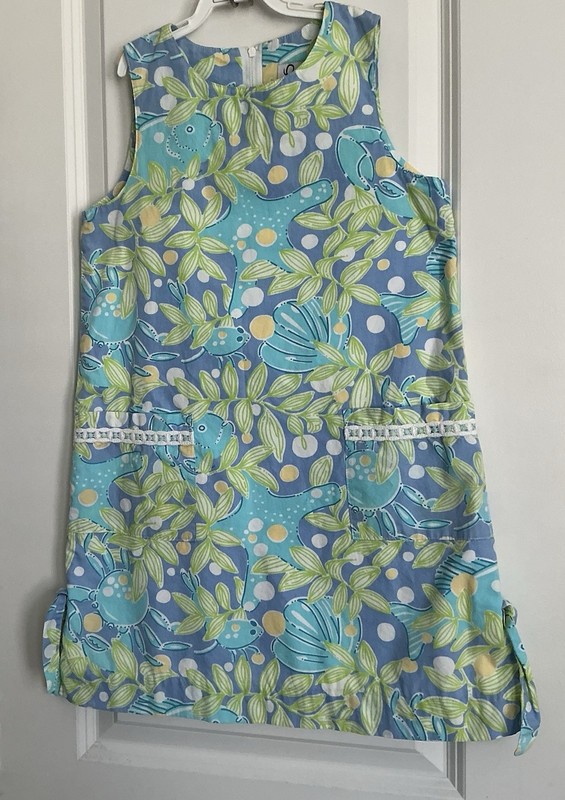 LILLY PULITZER-Sz. 7-(Youth)-Girl’s Shift Dress-Blues/Green-Sleeveless-Fish Sea 