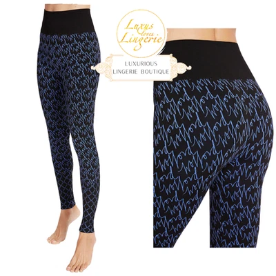 Leggings AURORA MONOGRAM Par Wolford XS Bleu Égyptien Noir Pantalon Élastique - Photo 1/4