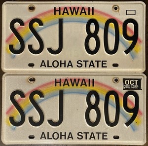 2018 Vtg Hawaii Rainbow License Plate Aloha State Pair Matching Set EXPIRED