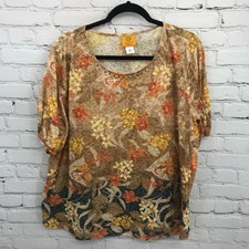 Ruby Rd Top Womens 3X Brown Sheer Lightweight Beaded Short Sleeve Blouse