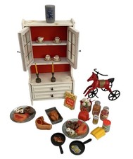 Vintage Dollhouse Miniature Kitchen Lot Wood Hutch Food Accessories 23 PCs