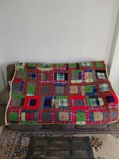 1977 Tartan Plaid Patchwork Quilt w/ Blanket Stitch Edging 82" x 56"