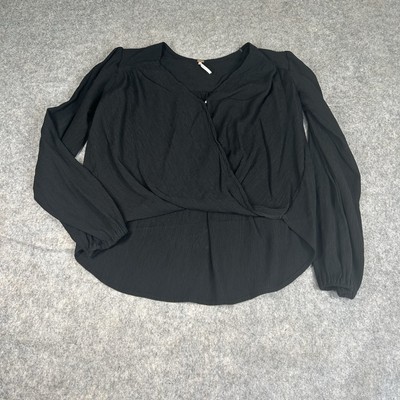 Free People Top Women s XS Check On It Long Sleeve Hi-Lo V-Neck Wrap Boho Black
