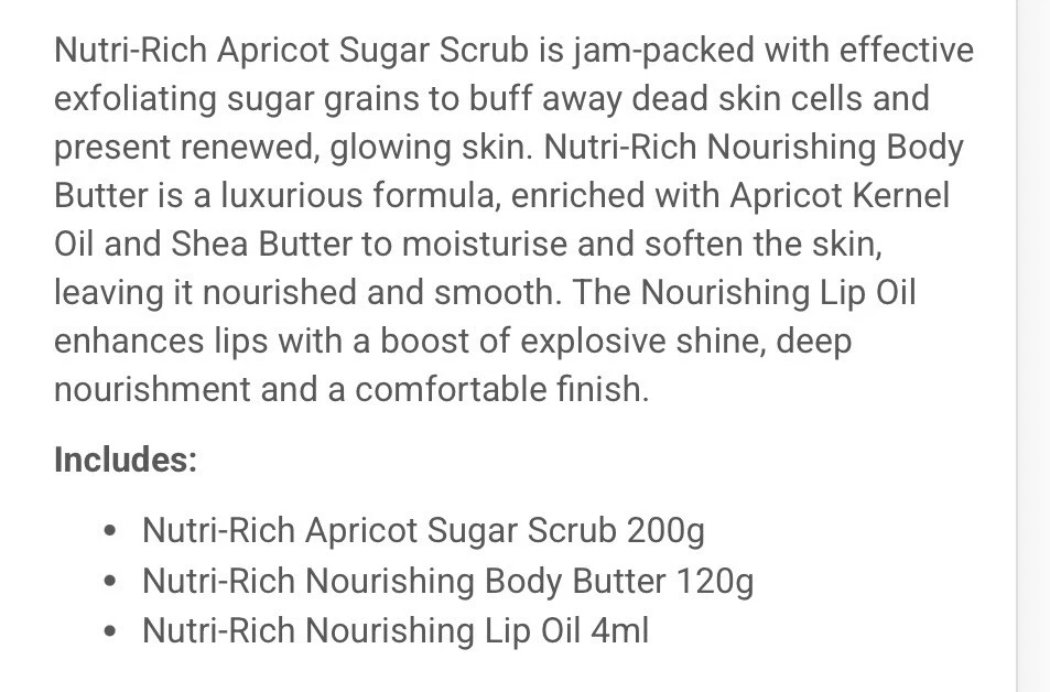 3 Items Nutri-Rich Sugar Scrub Body Butter Nourishing Lip Oil Nutrimetics Aprico