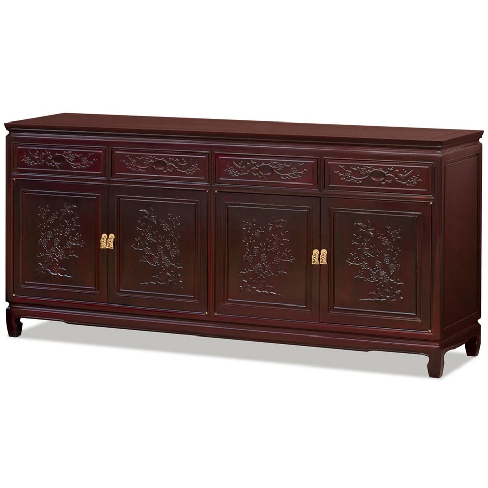 US Seller - Grand Dark Cherry Rosewood Flower and Bird Oriental Sideboard - Image 2 of 4
