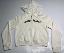 VTG Ralph Lauren Polo Jeans Co White W Blue Thick Spell Out Full Zip Hoodie