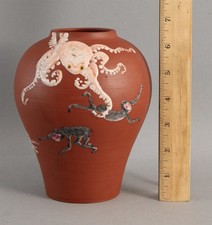 Vintage Chinese Yixing Zisha Terracotta Pottery Vase Enameled Octopus Monkeys