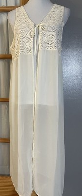 David Young Sheer Duster Cardigan Overlay Sz L Front Tie Crochet Trim Sleeveless